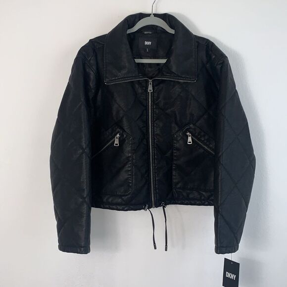NWT DKNY Quilted Black Faux Leather Boxy Cropped Moto Motorcycle Jacket Sz L - Picture 1 of 11